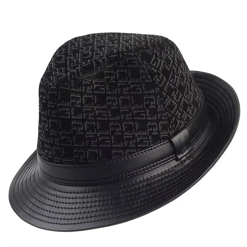 Winter Genuine Leather Suede Print Black GeometryTop Hats For Men/Women British Gentlemen Wide Brim Stetson Fedoras 55-60cm Fitt