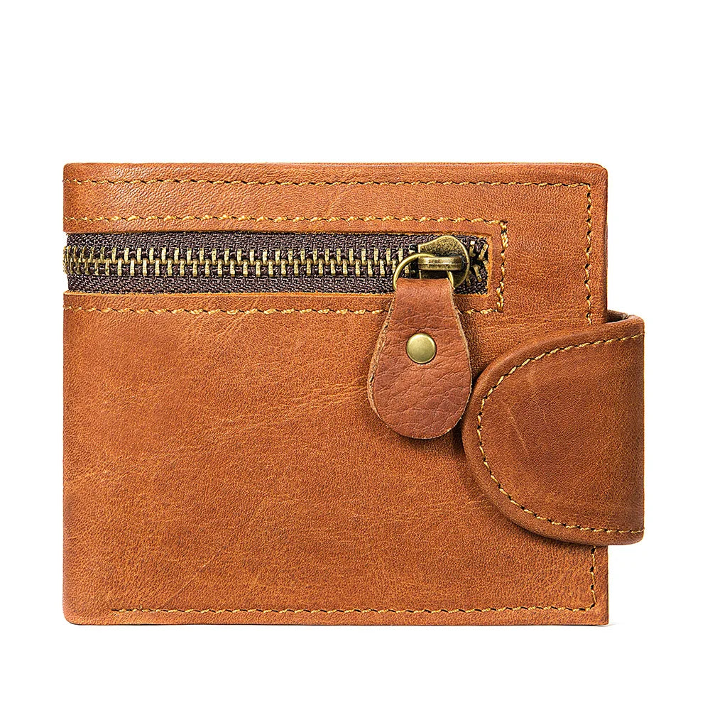 Men's Crazy Horse Leather Short Wallet Genuine Leather Buckle Wallet Vintage Top Layer Cowhide Card Holder Multi-Card  Wallet