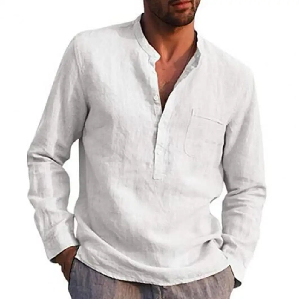 Cotton Linen Shirts for Men Long Sleeve Casual Shirts Solid Color Stand Collar Button Loose Men Shirt Beach Shirts