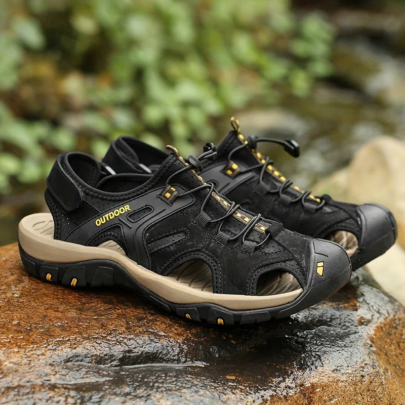 Men's High-quality Leather Sandals - Closed Fisherman Style, Summer Slippers and Hiking Shoes, with Elastic Straps