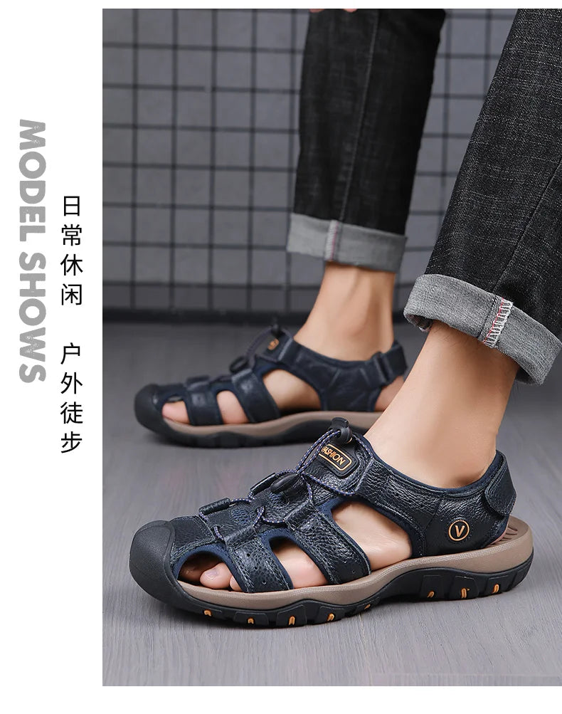 2025 Summer Men Sandals Leather Mens Casual Shoes Breathable Outdoor Sandals for Men Beach Shoes Slippers Fashion Roman Shoes