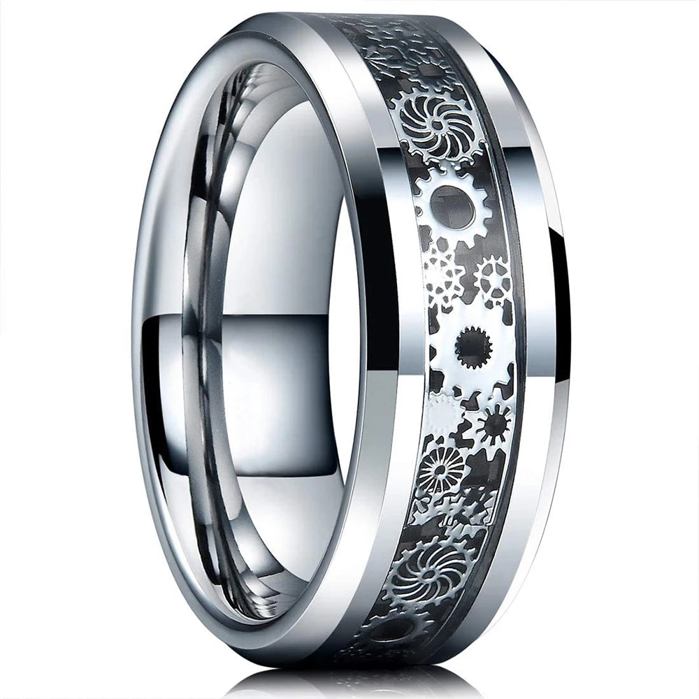 Fashion Men’s Silver Color Black Stainless Steel Ring Groove Multi-Faceted Ring For Men Women Engagement Ring Anniversary Gifts
