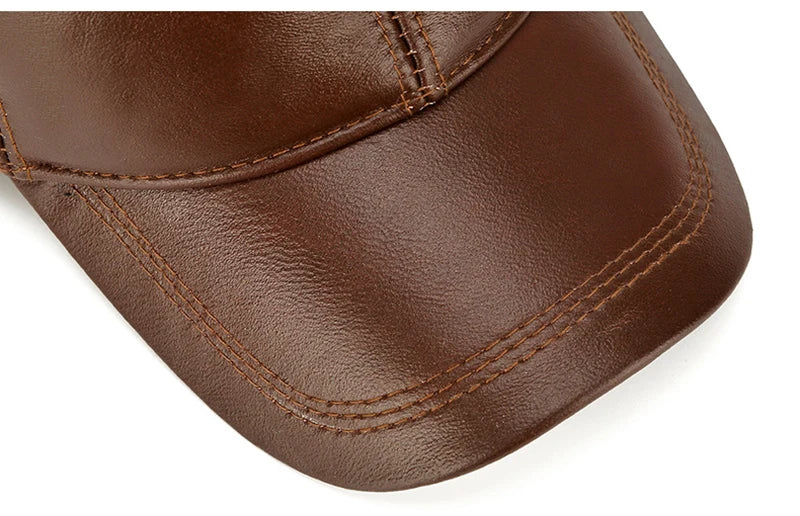 2025 New Style Men Cowhide Hat Winter Warm Outdoor Protect Ear Real Leather Adjustable Baseball Cap Men Real Cowhide Leather Cap