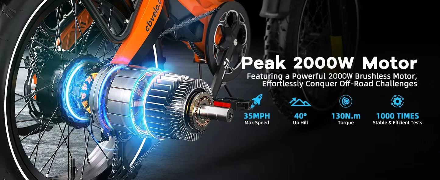 Cybervelo EK6 20” Fat Tire 2000W Peak Motor Luxury Foldable ebike,48V Removable Battery E Bicycle, 35+ MPH 100+Miles Long Range