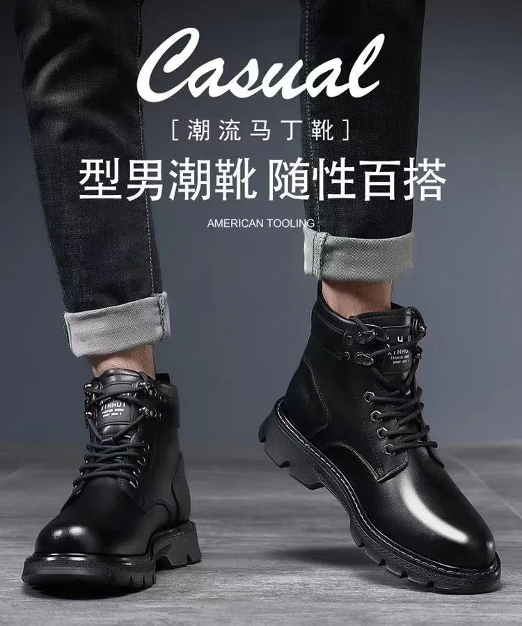 Winter Men's High Top Boots Trendy Black Motorcycle Boots Outdoor Warm Platform Boots Men Lace-up Leather Boots Bota Masculina