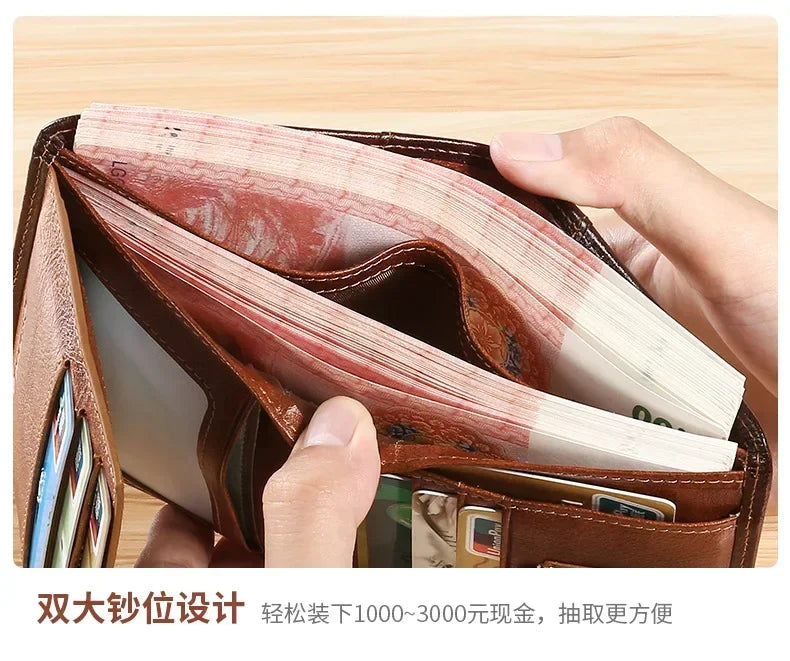 Men Wallet Genuine Leather Rfid Blocking Trifold Wallet Vintage Thin Short Multi Function ID Credit Card Holder Male Purse Money