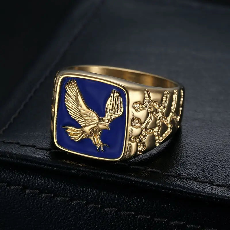 1pc, 316L stainless steel jewelry, eagle ring, anima, blue enamel, street style, party,men's and women's holiday gifts