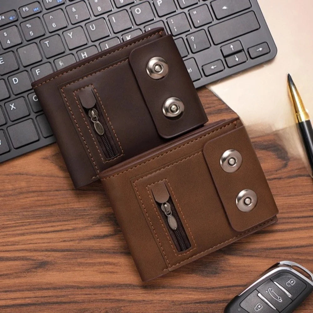Fashion PU Leather Men's Wallet Magnetic Buckle Solid Color Short Card Bag Large Capacity Anti-Theft Business Wallet Daily Use