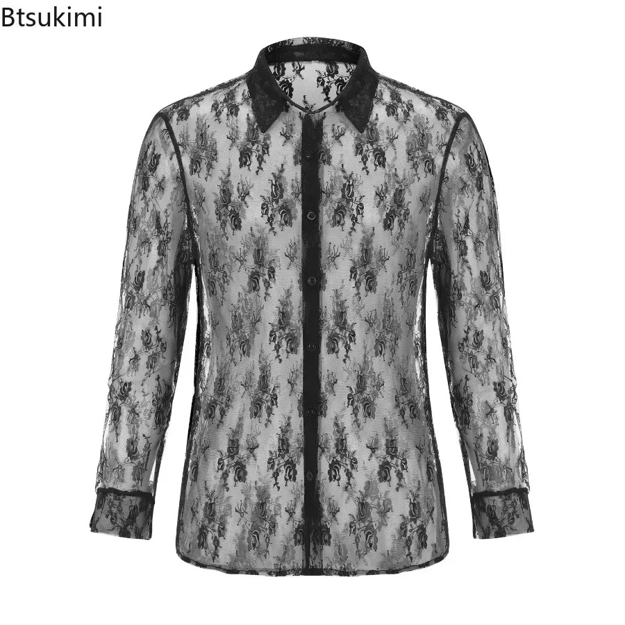 New 2025 Men's Casual Long Sleeve Shirts Black See-through Lace Top Shirts Slim Sexy Club Party Men's Sexy Shirt Hollow Out Tops