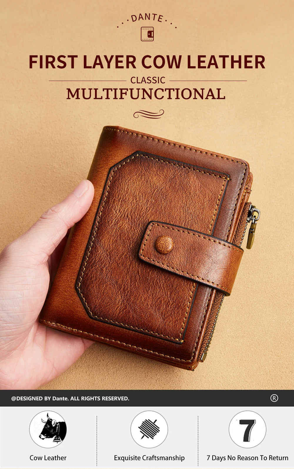 Vintage 100% Genuine Leather Men's Wallet RFID Blocking Trifold Short Multi Function Money Clip Large Capacity Zipper Coin Purse