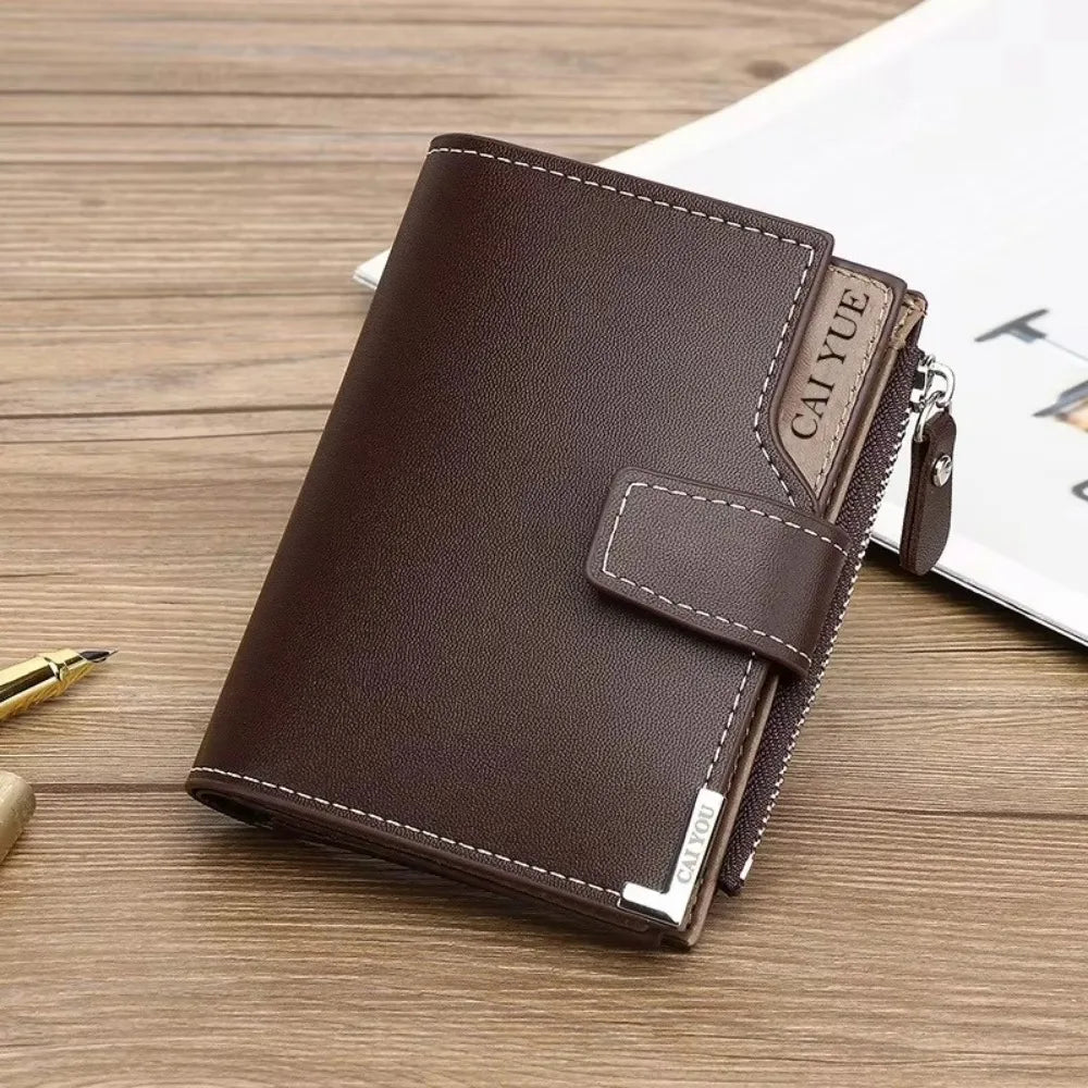 Luxury Short Men Tri- Fold Wallets PU Leather with Zipper Coin Purse Multifunctional Buckle Photo Card Holder Man Purses Wallet