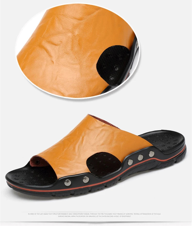 Summer Slippers New Men Sandals Soft Outdoor Slides High Quality Genuine Leather Comfortable Beach Sandals Outdoor Men Shoes