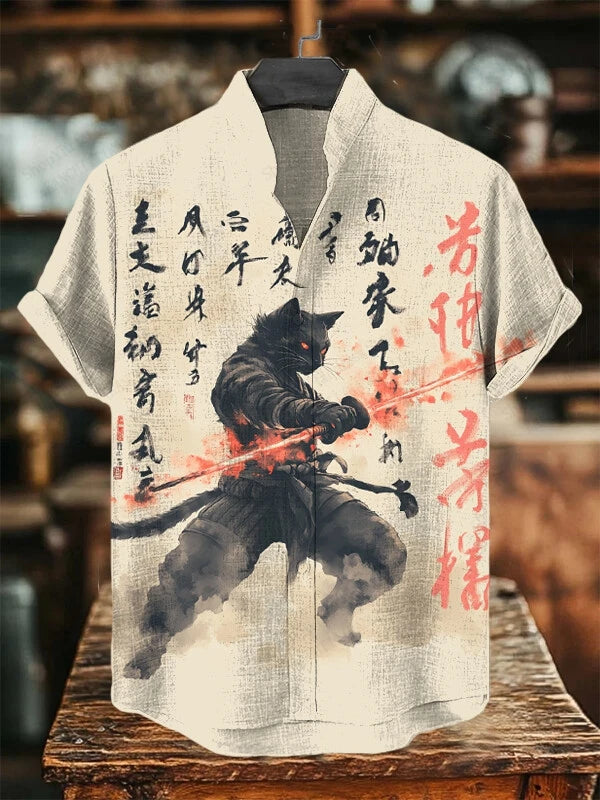 Japanese Style Samurai Cat 3d Print Hawaiian Shirt Men Women Fashion Short Sleeve single-breasted Casual Beach Shirts Men blouse