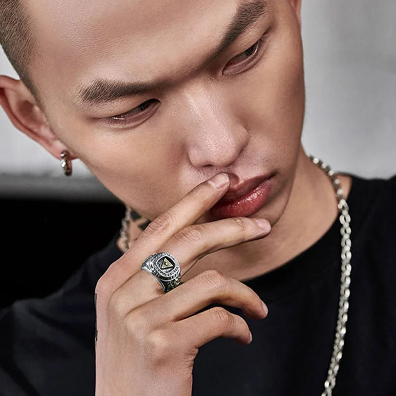 Retro Golden Eye of Providence Large Ring For Men Punk Gothic Open Ring Handmade Jewelry Rock Hiphop Biker Accessories Man Gift