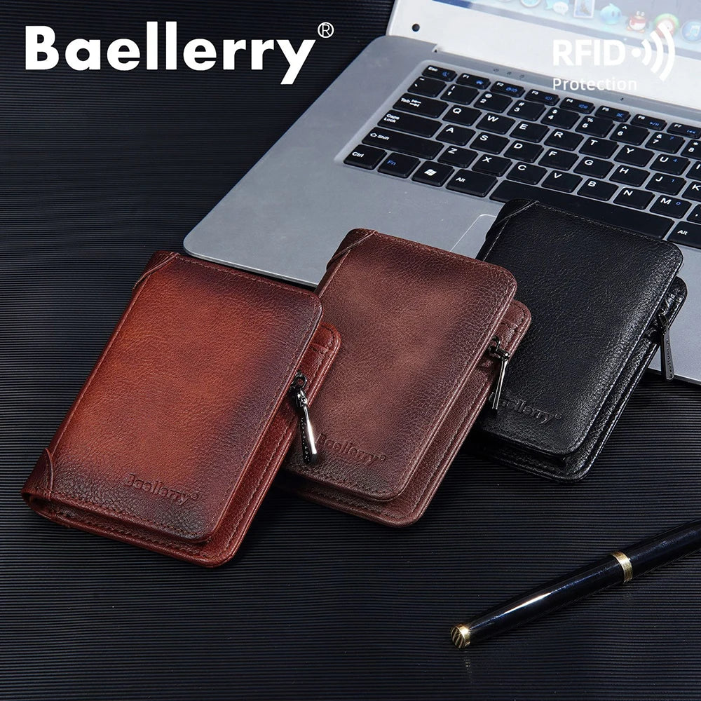 Vintage Leather Wallet for Men Baellerry RFiD Blocking Short Bifold Wallet with Zipper Closure and Coin Pocket Small Mens Purse