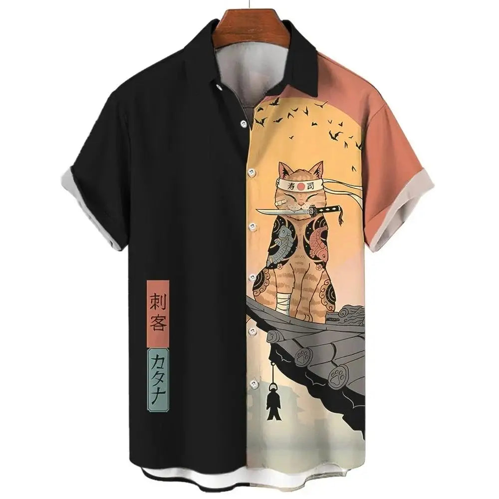 Fashion Men's Clothing Cool Samurai Cat Tops Summer New Men's Clothing Casual Short-Sleeved Anime Loose Blouse Hawaii Beaches