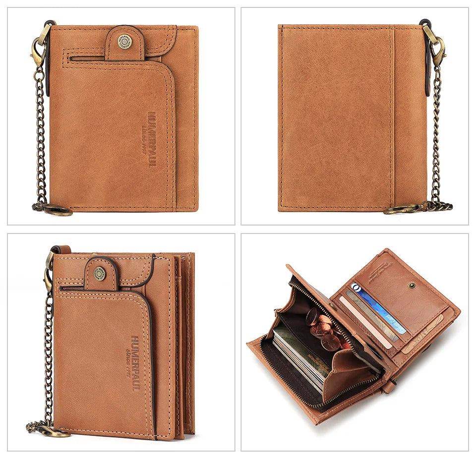 Real Leather Wallet for Men RFID Blocking Credit Card Holder Purse Male Short Bifold Zipper Coin Pocket with Anti-Theft Chain
