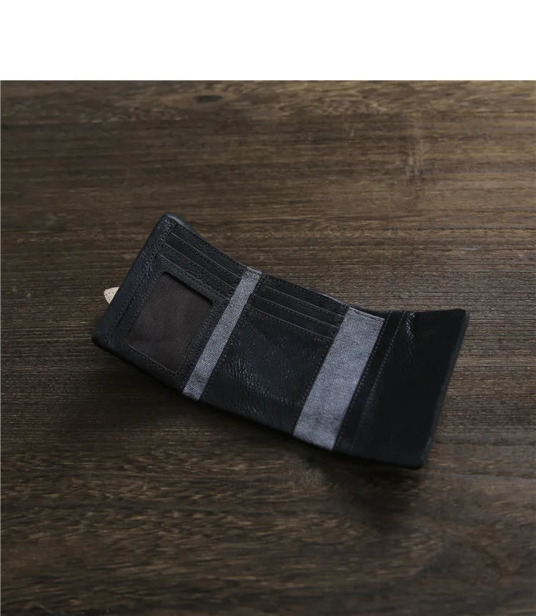 2025 Handmade Wallet Men's Short Leather Triple Fold Money Clip Cowhide Youth Buckle Student Vertical Vegetable Tanned Leather