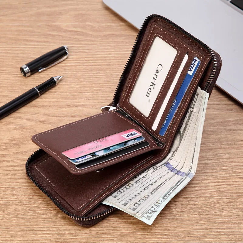 Men’s PU Waxed Oil Leather Wallet – Short Bifold Coin Purse with All-Around Zipper for Cash & Cards
