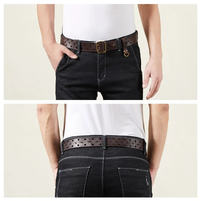 Pure Cowhide 3.8cm Wide Genuine Leather Belt for Men Double Pin Buckle Male Jeans Belts Top Quality Luxury Gift Waistband