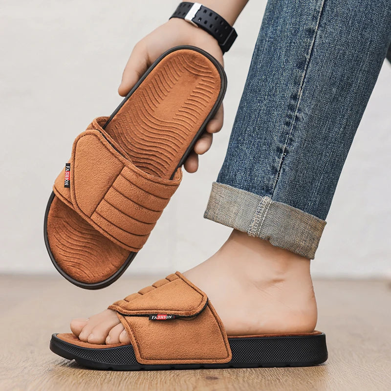Men's Fashion Slippers Solid Color Flat Heel Retro Style Solid Color Ultra-light Soft Sole Silent Home Suede Casual Shoes