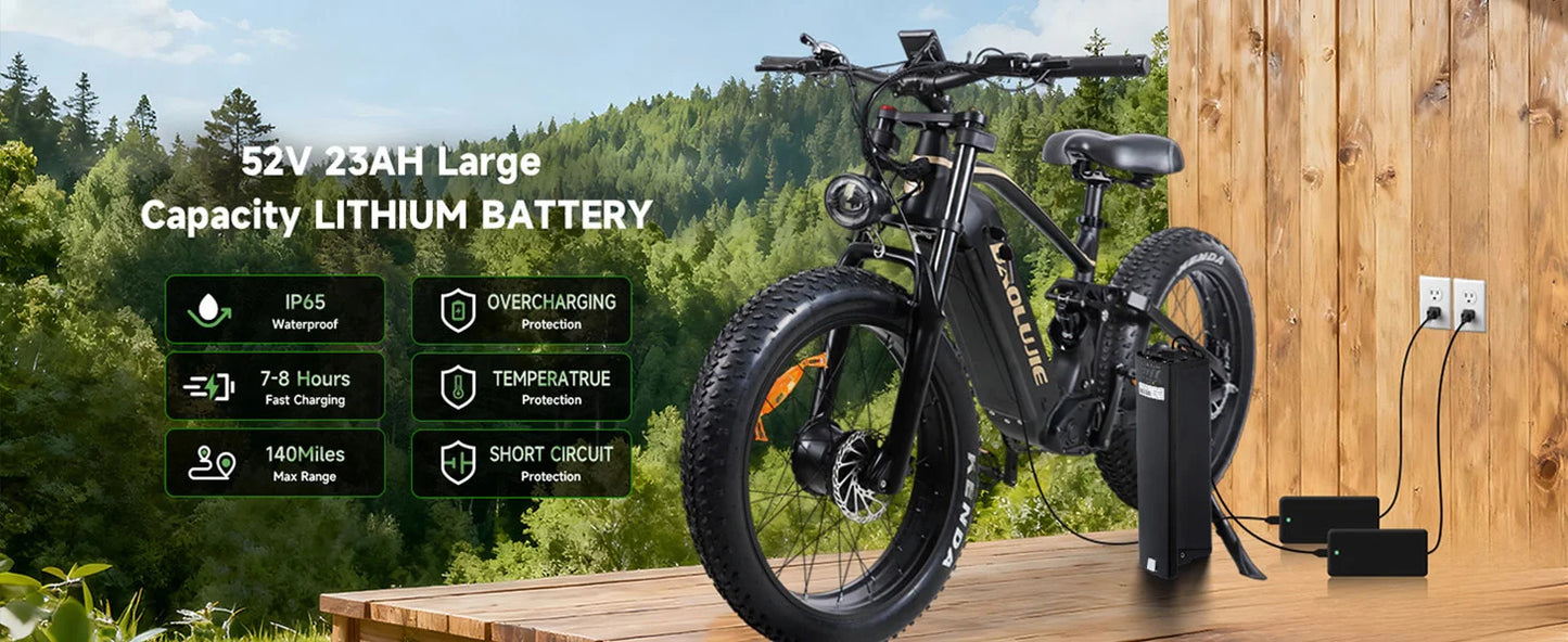 BAOLUJIE P2 Electric Bike for Adults，Long Rang 90 Miles Electric Bicycle，Peak 5000W Dual Motor 52V 23AH E bike，Max Speed 36 MPH