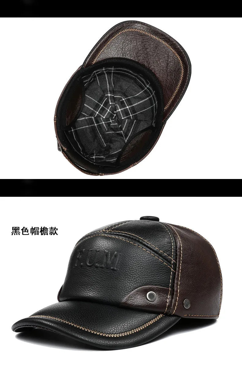 New Autumn Winter Men's Genuine Leather Cap Natural Cowhide Baseball Caps Thickened Warm Coldproof Ear Protection Earmuffs Hats