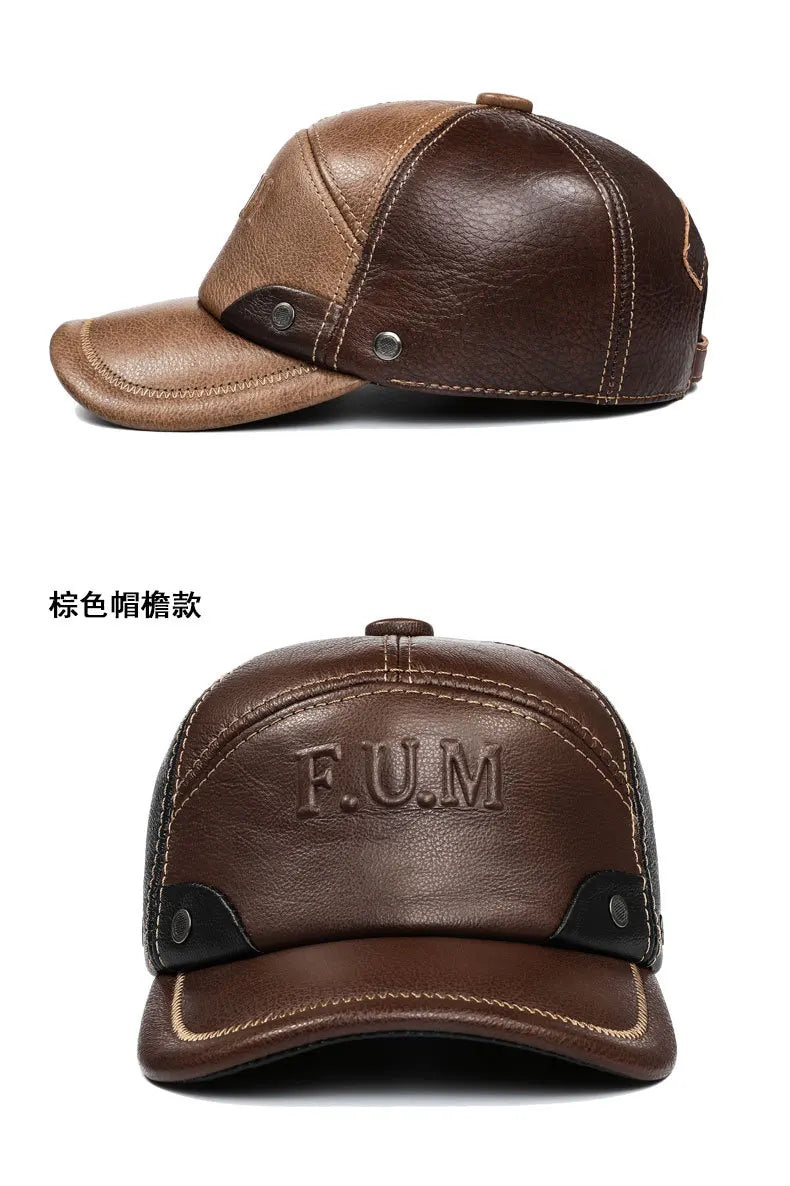 New Autumn Winter Men's Genuine Leather Cap Natural Cowhide Baseball Caps Thickened Warm Coldproof Ear Protection Earmuffs Hats