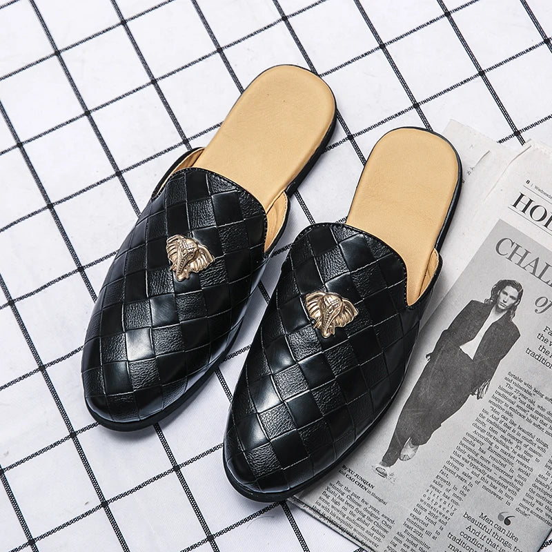 2024 New Luxury Designer Men's Casual Bling Leather Loafers Italian for Men Half Shoes Mules Male Black Slides Business Slippers