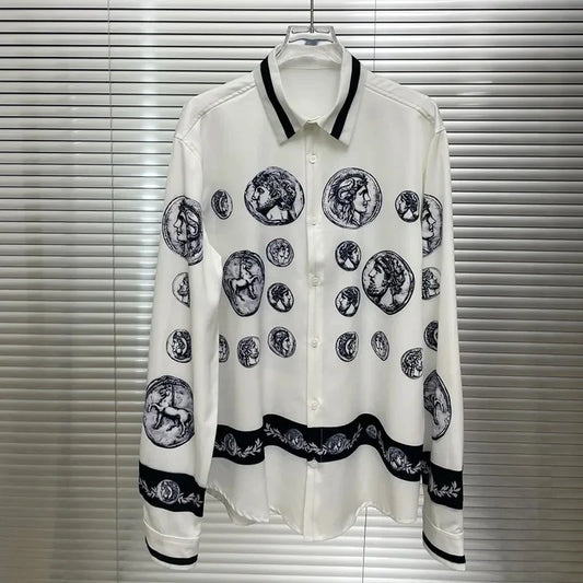 Men's shirt Vintage Character print 2025 Spring / Autumn Loose Version Classic Long-sleeved Lapel Fashion and leisure Top S-5XL