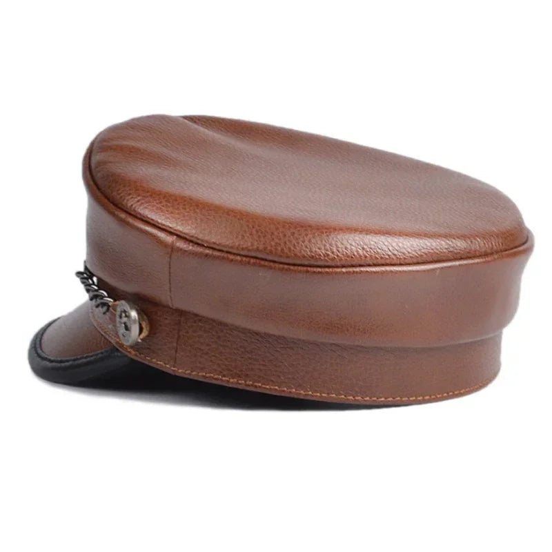 Unisex German Military Cap Man Genuine Leather Flat Top Hat Korean Fashion Eagle Mark Chain Punk Locomotive Casquette Male