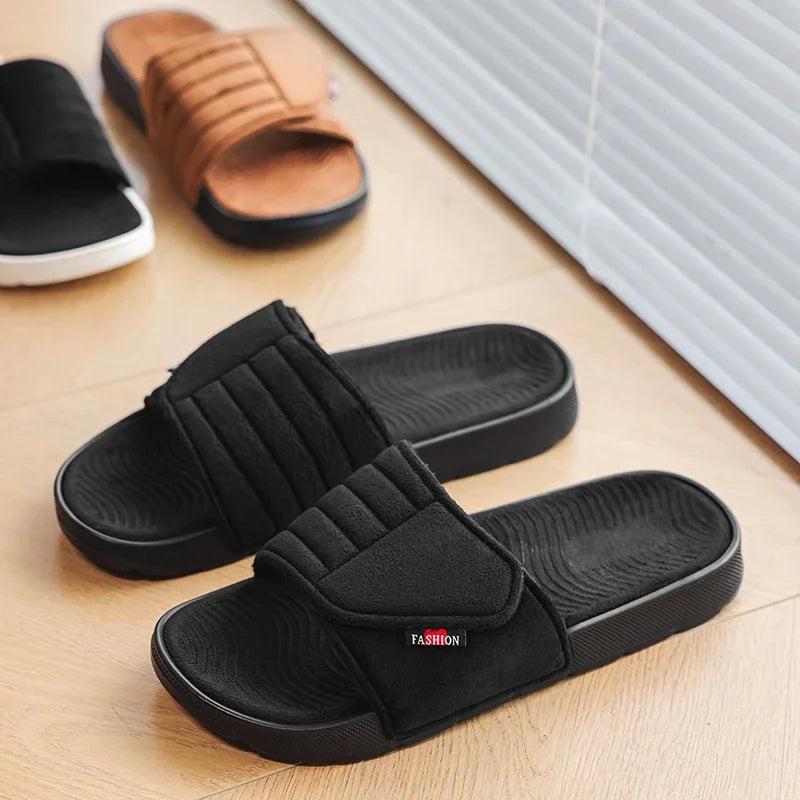 Men's Fashion Slippers Solid Color Flat Heel Retro Style Solid Color Ultra-light Soft Sole Silent Home Suede Casual Shoes