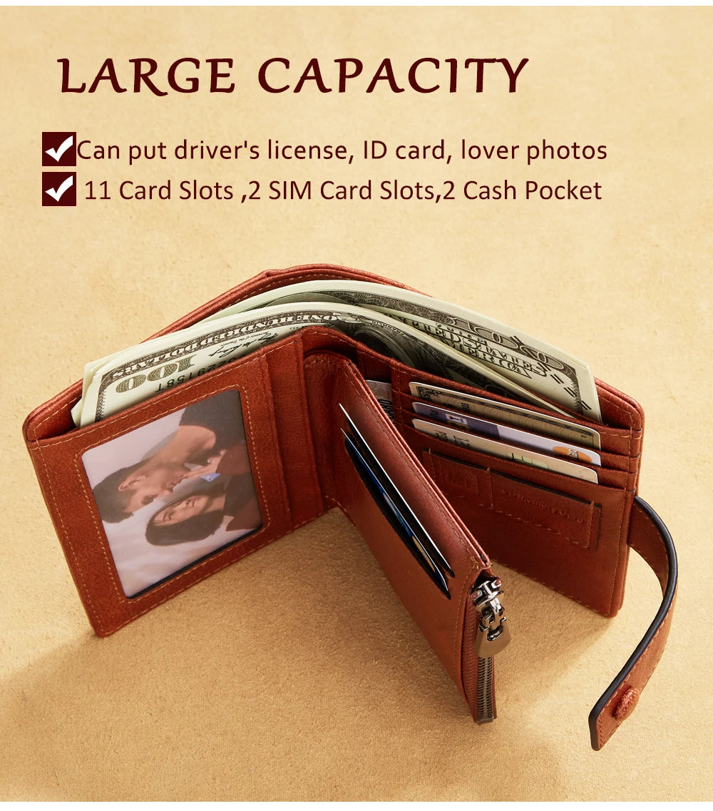 Vintage 100% Genuine Leather Men's Wallet RFID Blocking Trifold Short Multi Function Money Clip Large Capacity Zipper Coin Purse