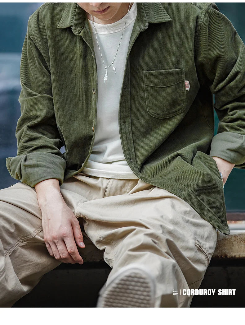 Maden Men's Shirt Casual Corduroy Long Sleeve Shirts Slim Fit Overcoat Spring Fleece Jacket Men's Clothing Retro Fashion Blouses