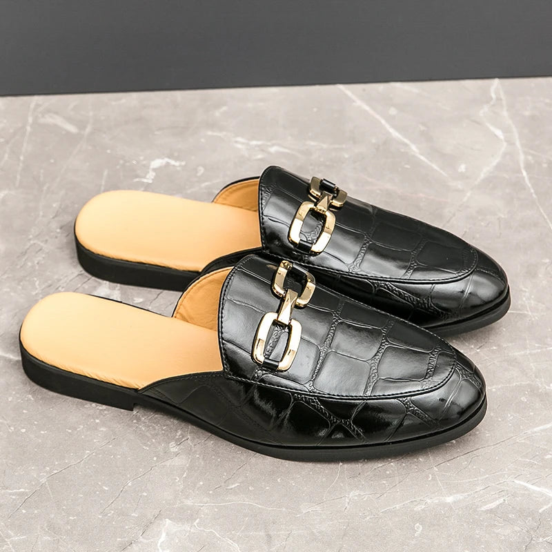 2024 New Luxury Designer Men's Casual Bling Leather Loafers Italian for Men Half Shoes Mules Male Black Slides Business Slippers