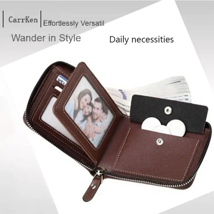 Men’s PU Waxed Oil Leather Wallet – Short Bifold Coin Purse with All-Around Zipper for Cash & Cards