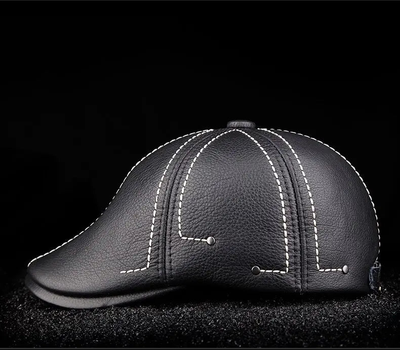 New Cowhide Genuine Leather Men Berets Cap Hat High Quality Fashion Men's Real Leather Adult Striped Black Hats
