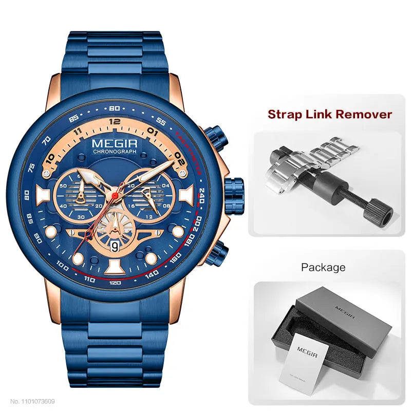 MEGIR Men's Watch Fashion Waterproof Chronograph Quartz Wristwatch with Auto Date Stainless Steel Strap Luminous Hands 24-hour