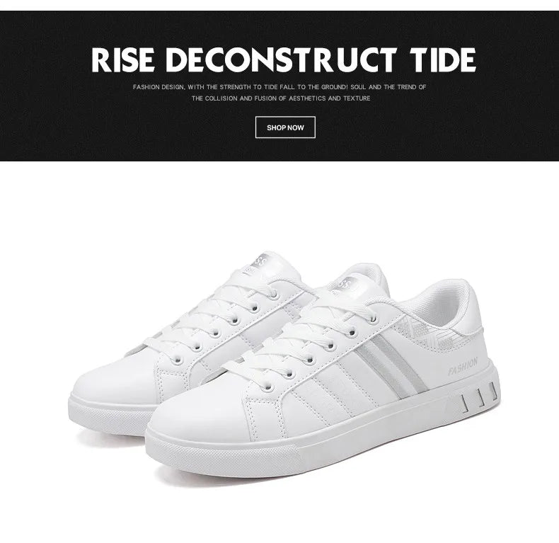 Men's Casual Sports Shoes for Men Lightweight PU Leather Sneakers  Breathable Mens Flat WhiteTennis Shoes