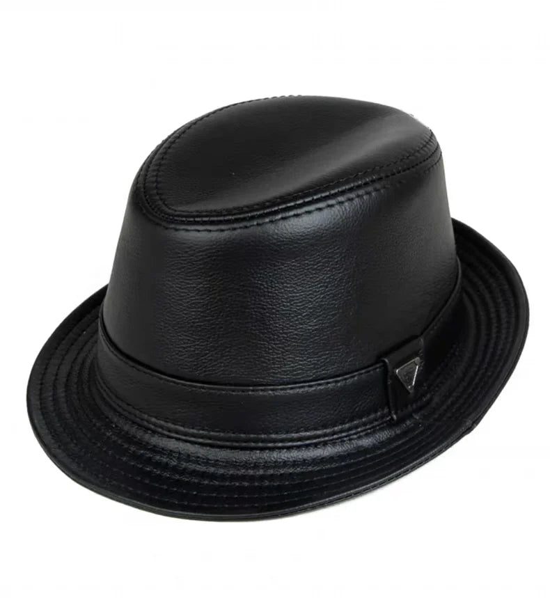 New 2023 Man High Quality Genuine Leather Jazz Fedora Gentleman CowSkin Short Brim Black/Brown Fitted Top Hat Male Shows