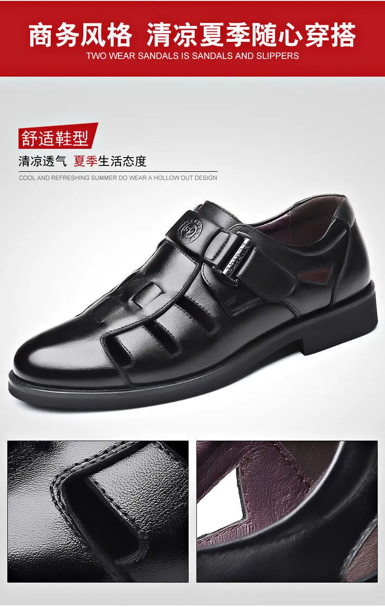 Men's Summer New Style Business Casual Genuine Leather Sandals With Hollow Outsole Anti-Slip Middle-Aged Father Leather Shoes