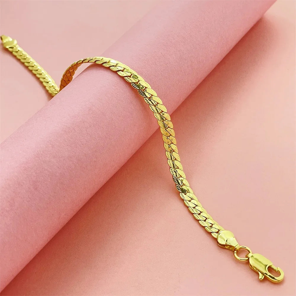 18K Gold 925 Sterling Silver Bracelets For Men Women Simple 5mm 20cm Flat Side Chain Bracelet Unisex Charm Jewelry Gifts