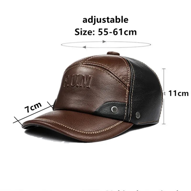 New Autumn Winter Men's Genuine Leather Cap Natural Cowhide Baseball Caps Thickened Warm Coldproof Ear Protection Earmuffs Hats