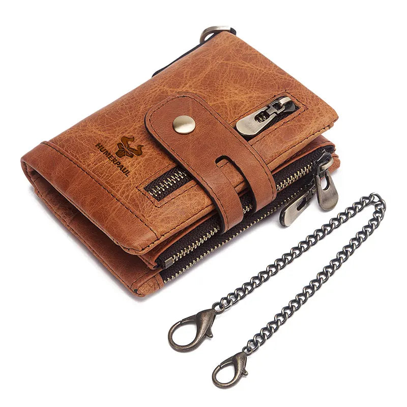 LAREET Fashion Genuine Leather Wallet With Cowhide For Men Money Card Holder Purse RFID Short Double Zipper Coin Pocket Bifold