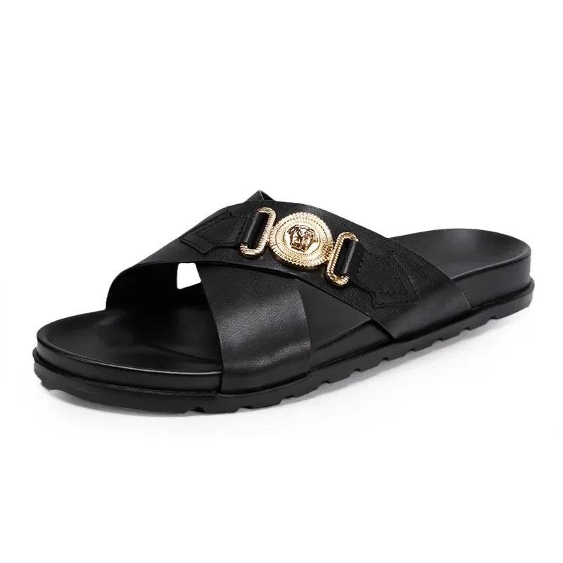 Trendy Versatile Men's Slippers Soft Sole One-Piece Genuine Leather Beach Shoes Cross Strap Casual Shoes Summer 2024