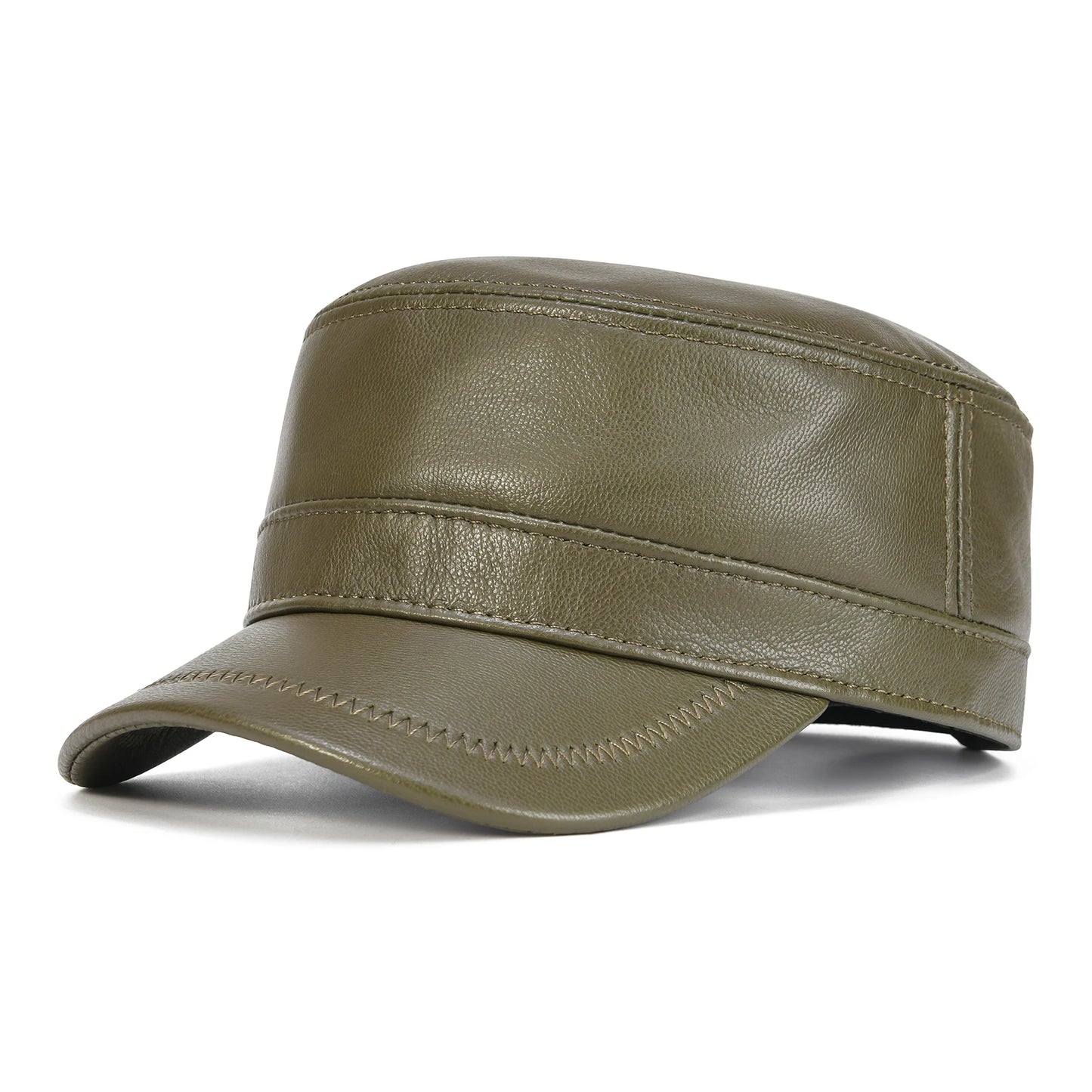 VOBOOM Winter Leather Cadet Army Cap Cabbies Adjustable Soft Flat Top Military Style Hat for Men