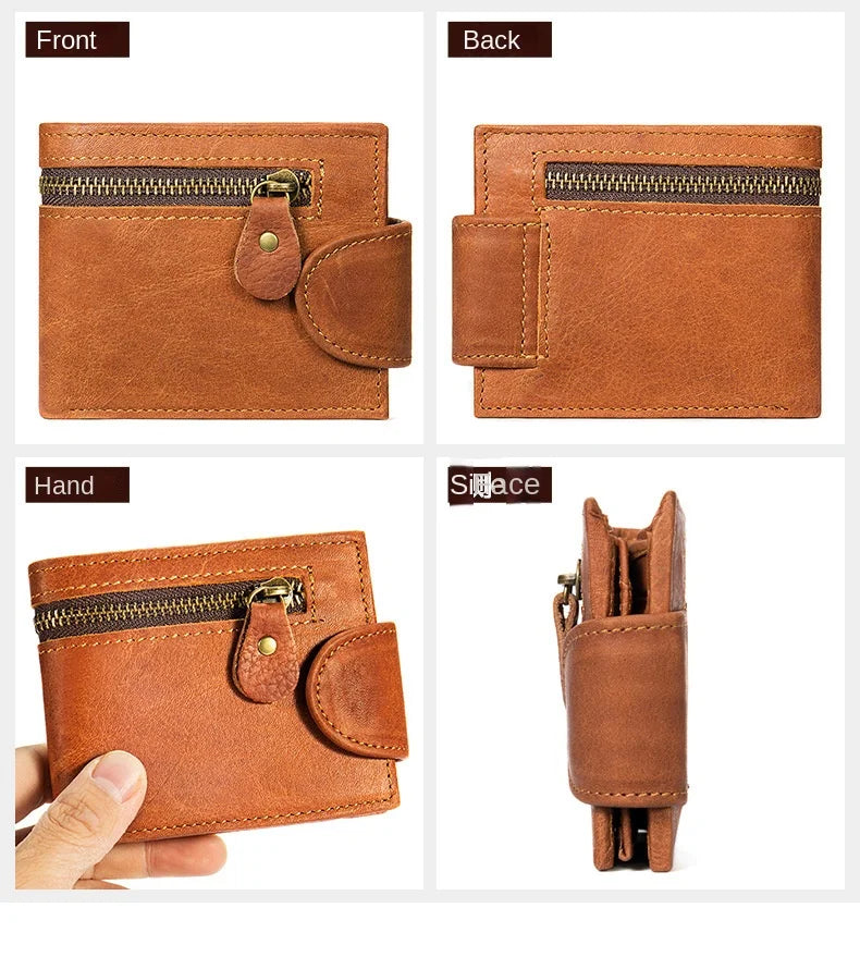 Men's Crazy Horse Leather Short Wallet Genuine Leather Buckle Wallet Vintage Top Layer Cowhide Card Holder Multi-Card  Wallet