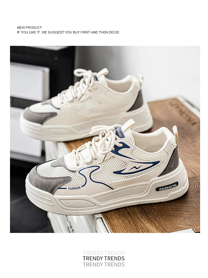 Men's Sneakers for Spring and Summer Are Breathable Fashionable Low-top Round-toe Lace-up and Color-blocked Sports Shoes