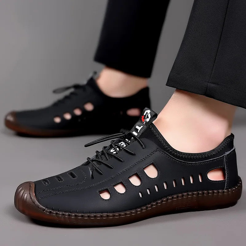 Summer Men's Leather Sandals Tendon Sole Slip on Flat Casual Sandals Outdoor Beach Sandal Shoes for Men Sandalias De Hombre 2025