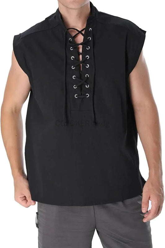 Men's Casual Shirt Black Green Steampunk Gothic Tank Tops Medieval Shirt Lace-Up Sleeveless Renaissance Pirate Shirts for Men